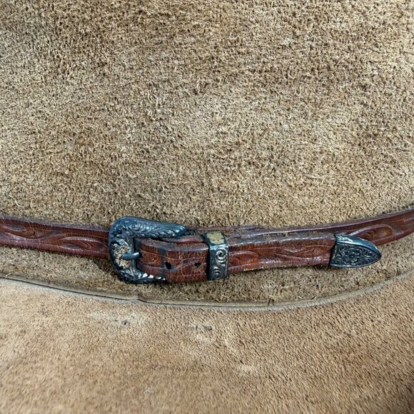 VTG Henschel Skully Western Suede Cowboy Hat Tooled Leather Buckle Band Size M - Picture 3 of 10
